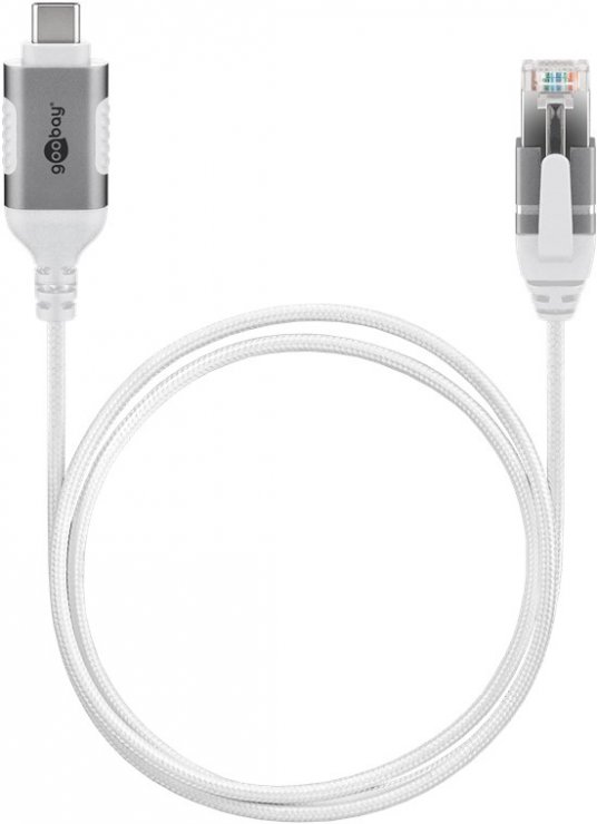 Imagine Cablu de retea USB type C la RJ45 Gigabit Cat.6 Slim 3m brodat Alb, Goobay G74388